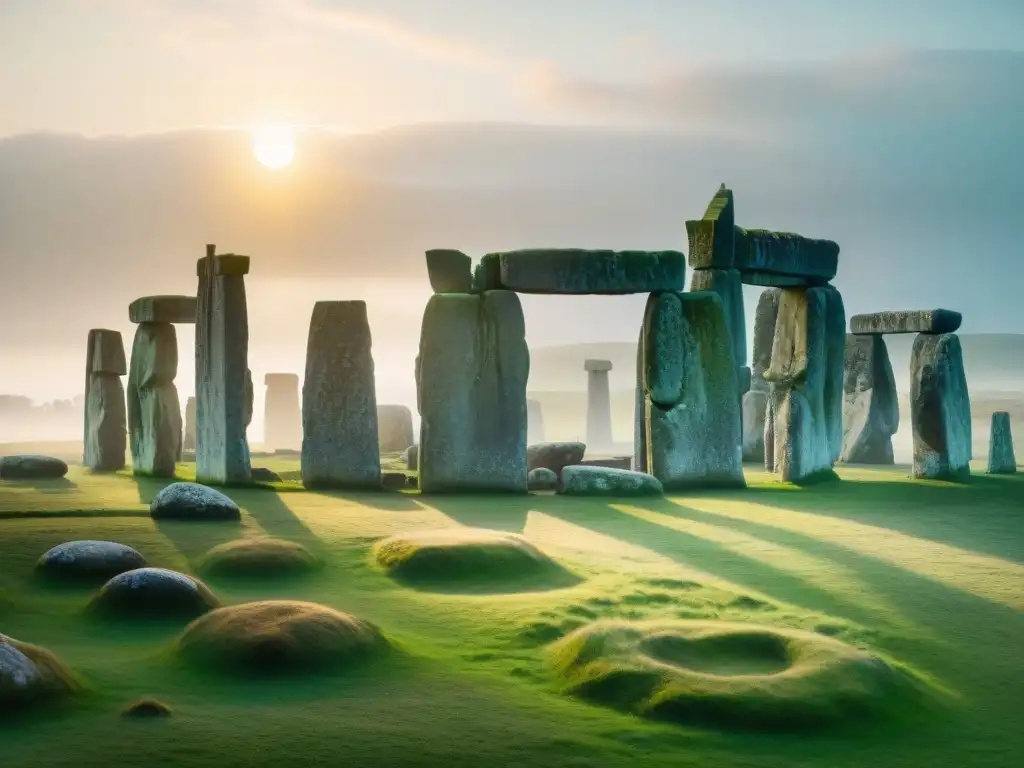 Stonehenge en la bruma matutina, con el sol saliendo entre las piedras, creando una atmósfera mística en este sitio sagrado celta druida