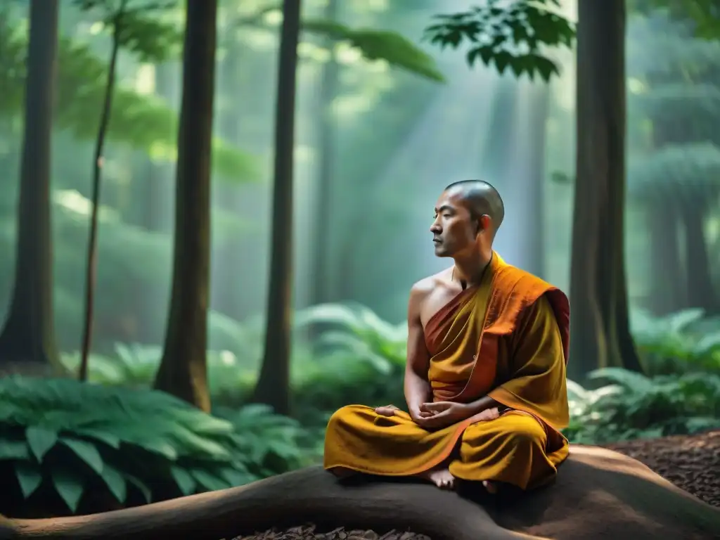 Budista meditando en un bosque verde, irradiando paz interior y armonía espiritual con técnicas de meditación budista paz interior