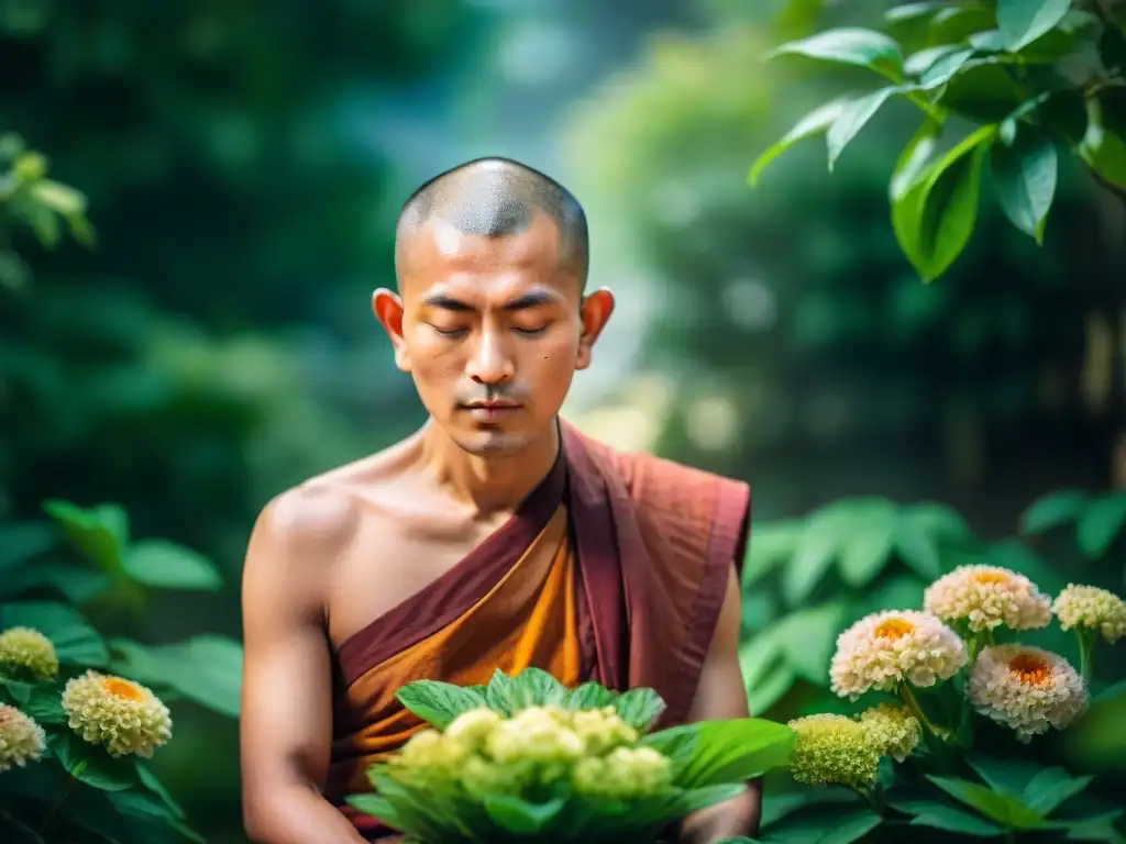 Meditación budista para sanación: Imagen de monje meditando en jardín sereno, rodeado de naturaleza vibrante y flores coloridas