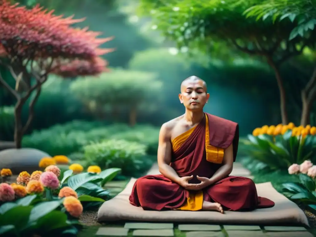 Meditación budista para sanación: Un monje medita en un jardín tranquilo rodeado de flores vibrantes bajo la suave luz del sol