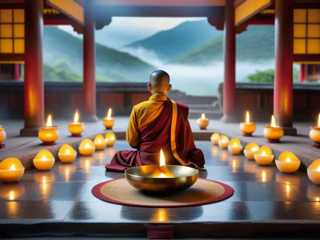 Música en meditación budista: Monjes meditando en un templo budista antiguo al atardecer, con luz dorada y serenidad