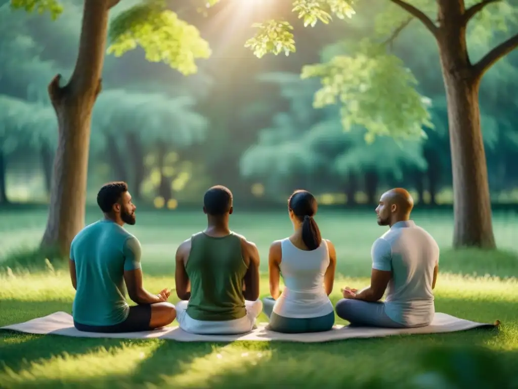 Meditación budista para sanación: Personas meditando en círculo en prado verde, ojos cerrados, manos sobre rodillas