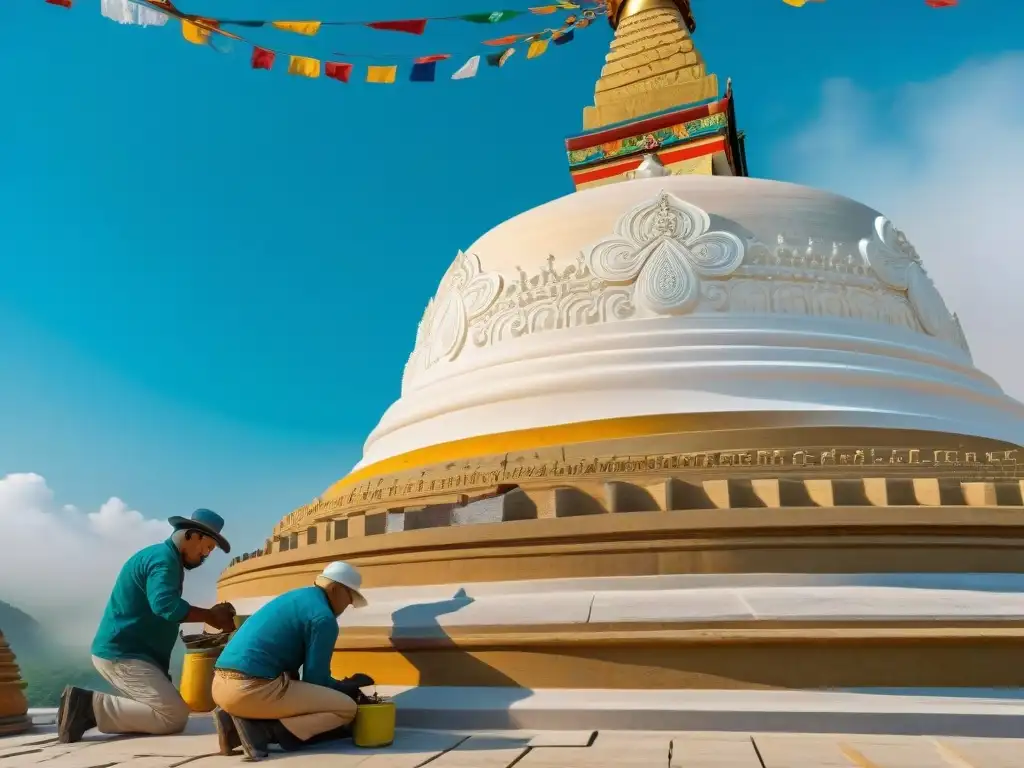 Renovación de Stupas Budistas: artesanos dedicados restauran con maestría, transmitiendo un mensaje de paz eterno