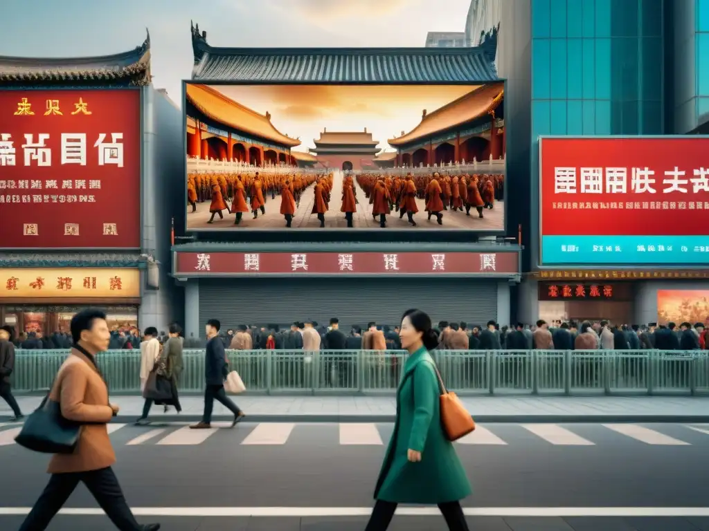 Una bulliciosa calle de China con un gran cartel de Guerreros de Terracota en cultura pop actualidad