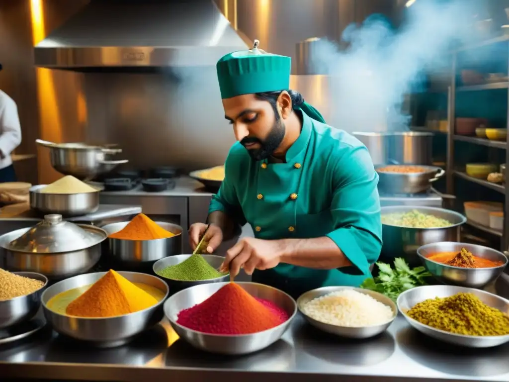Un bullicioso y detallado retrato de una cocina tradicional india, con chefs preparando recetas culinarias India Antigua