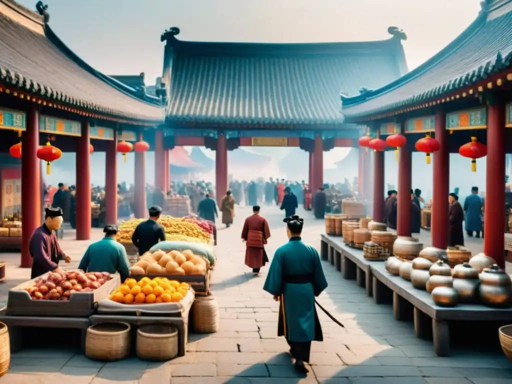 Un bullicioso mercado en la antigua China con vendedores, clientes y arquitectura tradicional