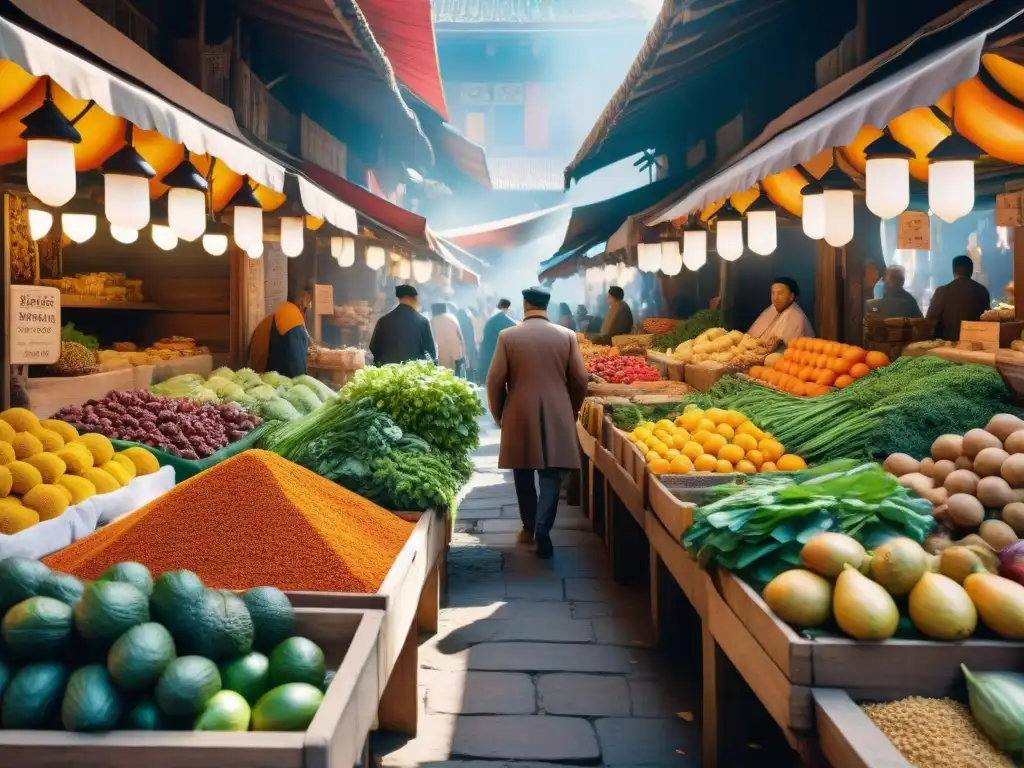 Un bullicioso mercado antiguo con alimentos exóticos en la antigüedad