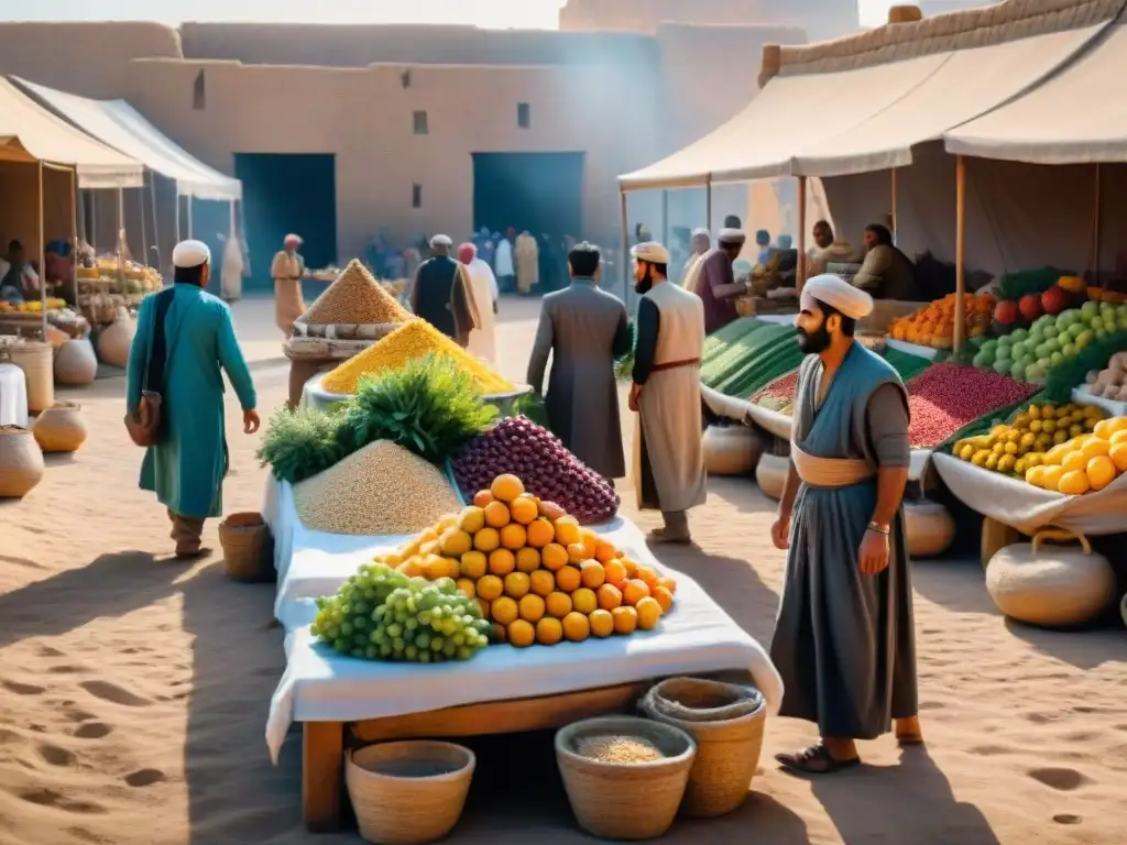 Un bullicioso mercado antiguo en Mesopotamia, con vendedores y clientes intercambiando productos bajo imponentes zigurats