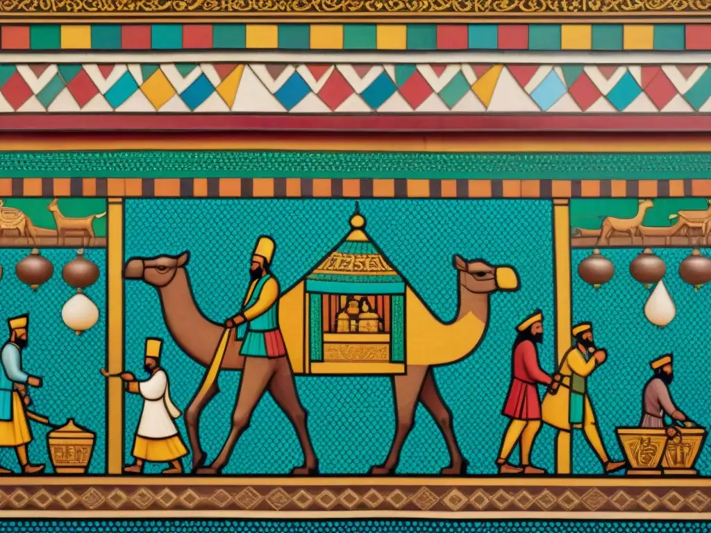 Mercado antiguo: Mosaico de intercambio entre civilizaciones Un bullicioso mercado de civilizaciones antiguas en una detallada obra de mosaico