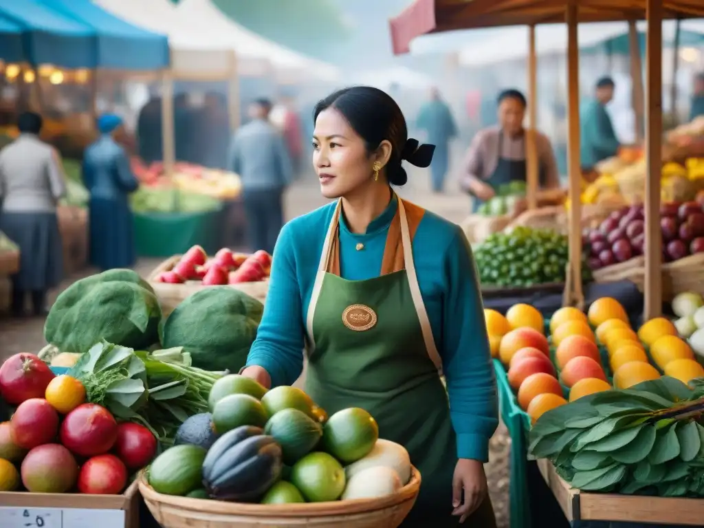 Un bullicioso mercado agrícola lleno de colores y diversidad, donde la comunidad comparte sobre los Beneficios de las dietas ancestrales