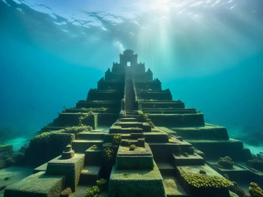 Descubre la búsqueda submarina de la ciudad perdida de Atlantis en ruinas antiguas emergiendo en el lecho marino