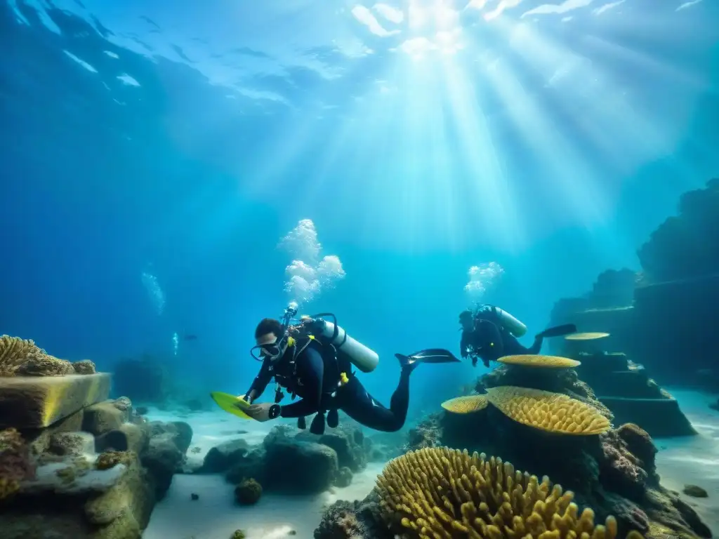 Búsqueda submarina de la ciudad perdida de Atlantis: arqueólogos explorando ruinas antiguas rodeados de peces coloridos y luz solar