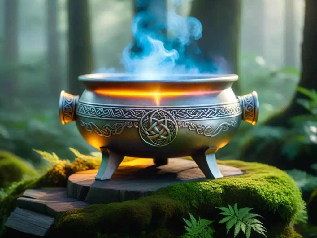 Un caldero celta adornado con símbolos antiguos en un claro del bosque, iluminado por la luna