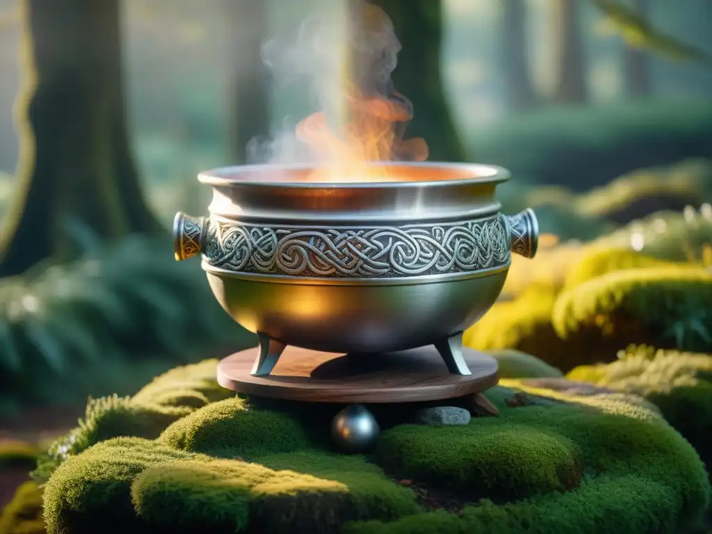 Un caldero celta antiguo de plata brillante en un claro del bosque místico, emanando un resplandor dorado
