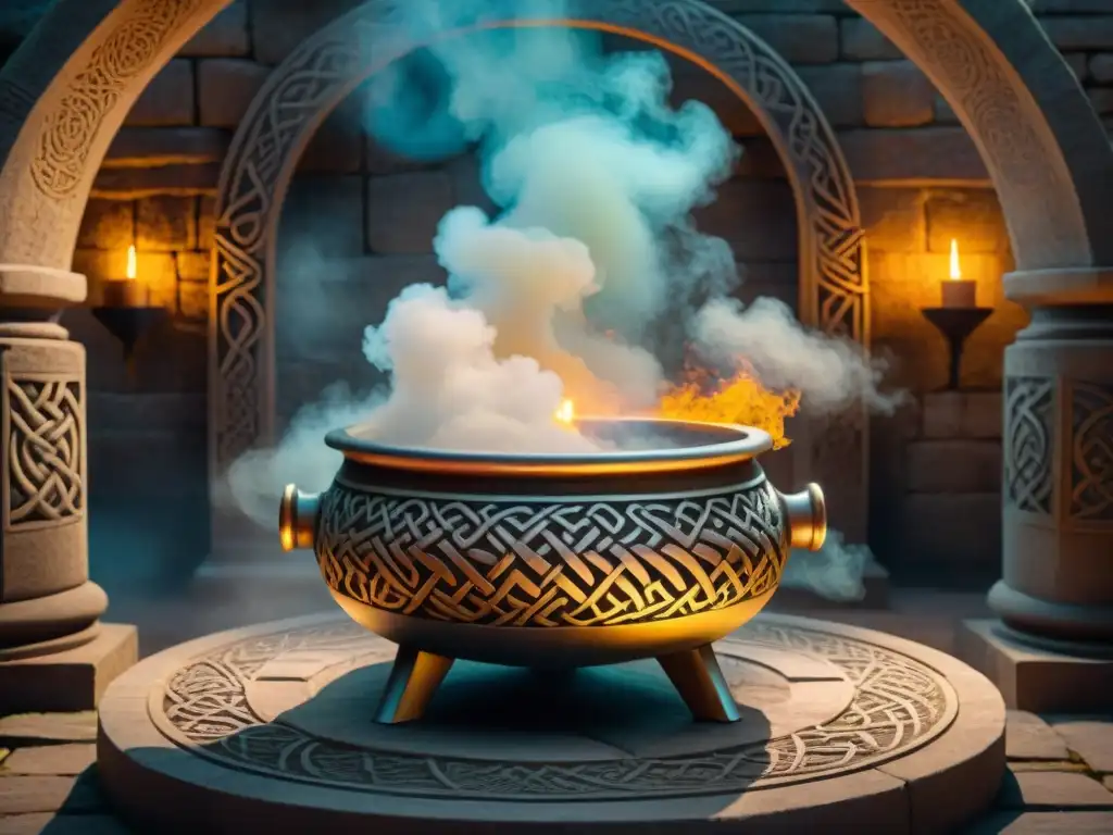Un caldero celta con intrincados patrones de nudos y símbolos místicos, iluminado en una cámara misteriosa