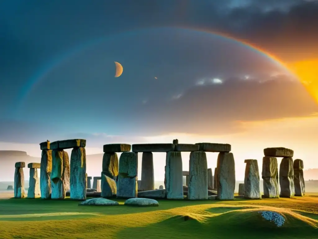 Calendario astronómico Stonehenge antiguo: detallada imagen de las formaciones de piedra en Stonehenge al amanecer, bajo la luz y sombras