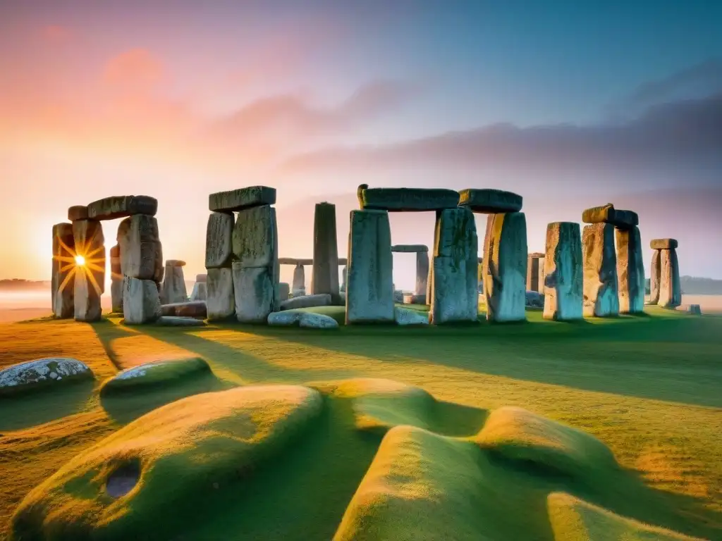 Calendario astronómico Stonehenge antiguo: Stonehenge detallado al amanecer, con piedras antiguas y sombras largas alineadas con el sol