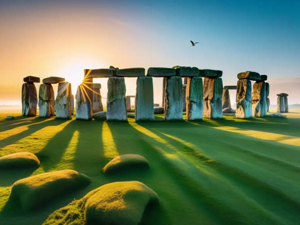 Calendario astronómico Stonehenge misterioso: amanecer dorado entre pilares de piedra, sombras largas y aves en vuelo