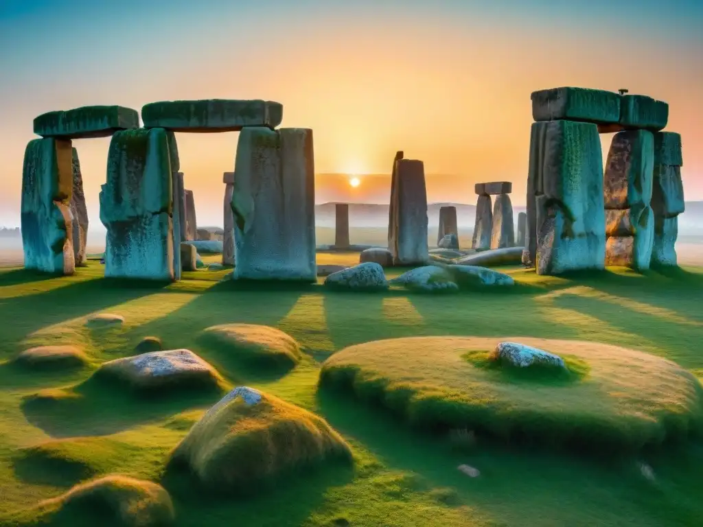 Calendario astronómico Stonehenge misterioso: Stonehenge al amanecer, sombras largas en la hierba húmeda, piedras reflejando el cielo colorido