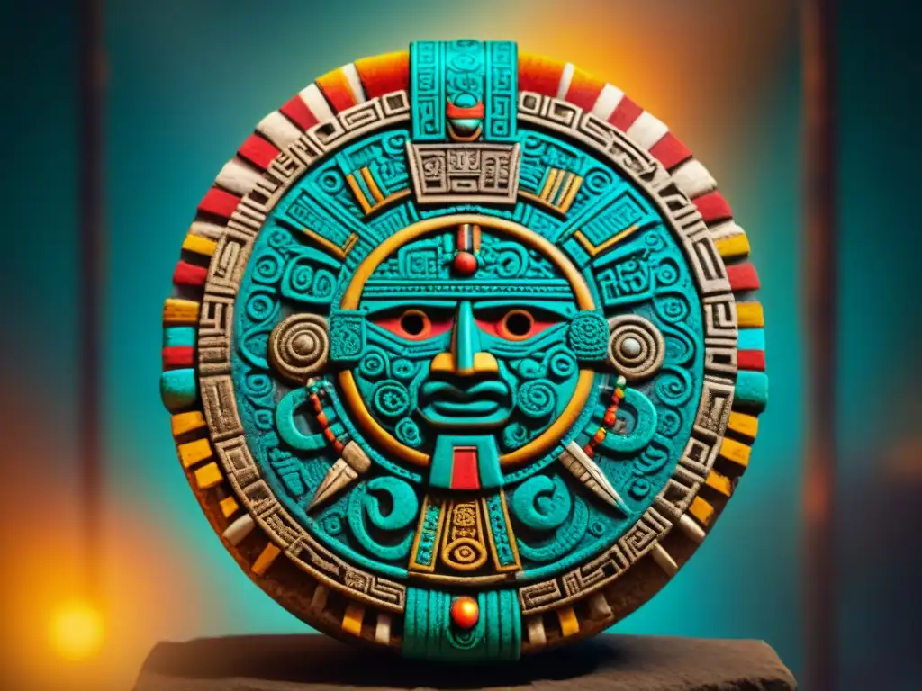 Un calendario azteca detallado, con símbolos y glifos que relatan la conexión de los aztecas con el cosmos