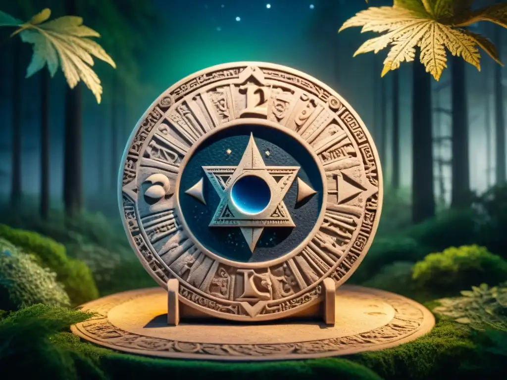 Calendario lunar antiguo en piedra con intrincados grabados bajo un cielo estrellado y sombras misteriosas, significado calendarios lunares antiguos