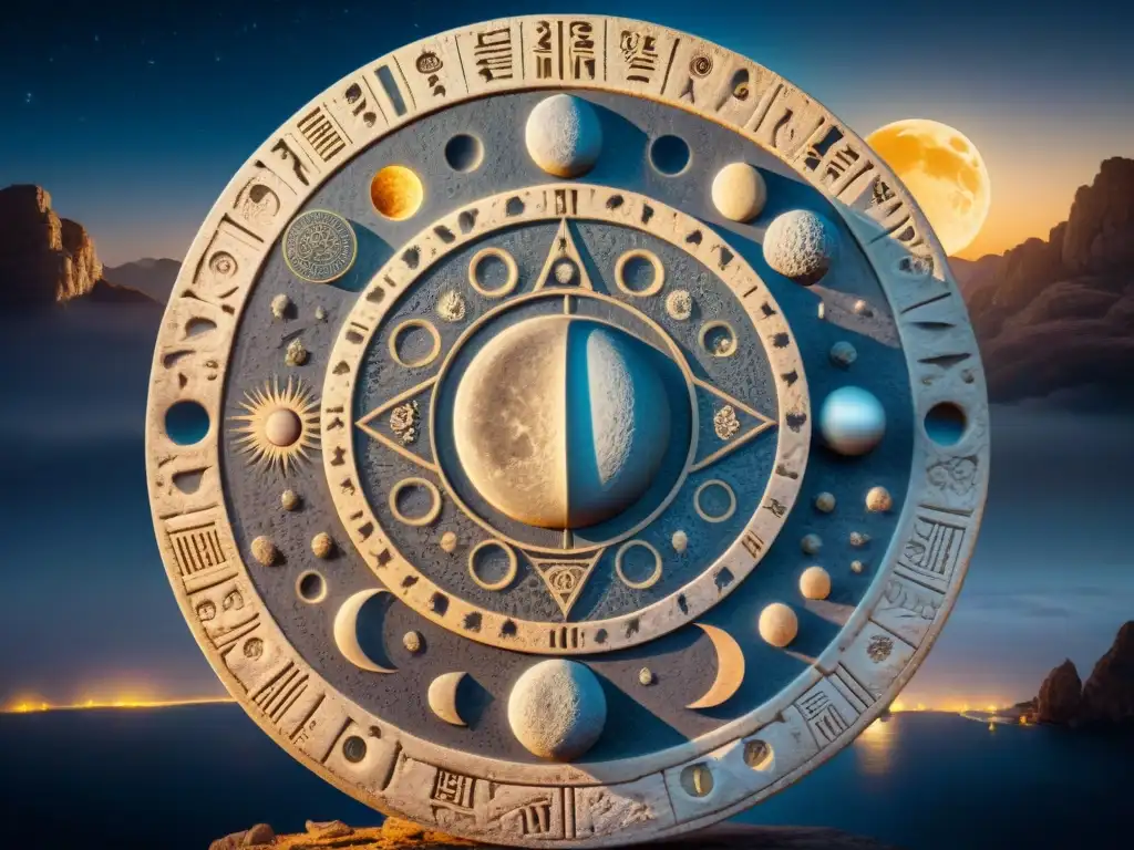 Calendario lunar antiguo: sabiduría ancestral en piedra Calendario lunar de civilizaciones antiguas esculpido en piedra, iluminado por la luna en una noche estrellada