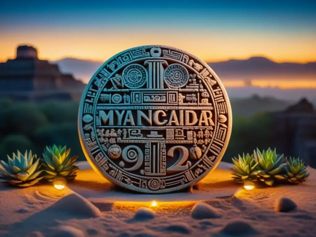 Calendario Maya esculpido bajo estrellas Calendario lunar de civilizaciones antiguas, tallado en piedra maya, iluminado bajo un cielo estrellado