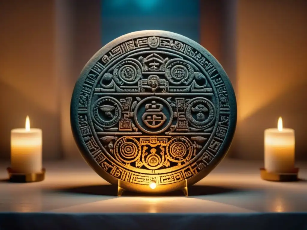 Calendario maya antiguo iluminado por velas en templo, símbolos detallados de significado números tradiciones espirituales