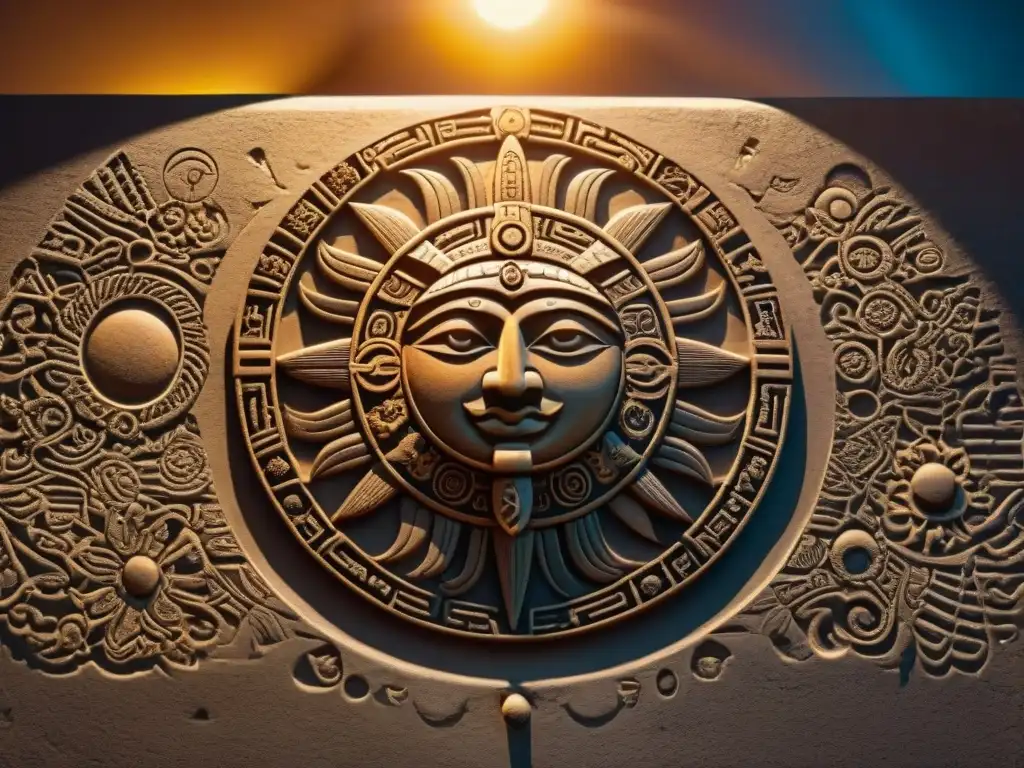 Calendario maya esculpido en pared, bañado por luz solar