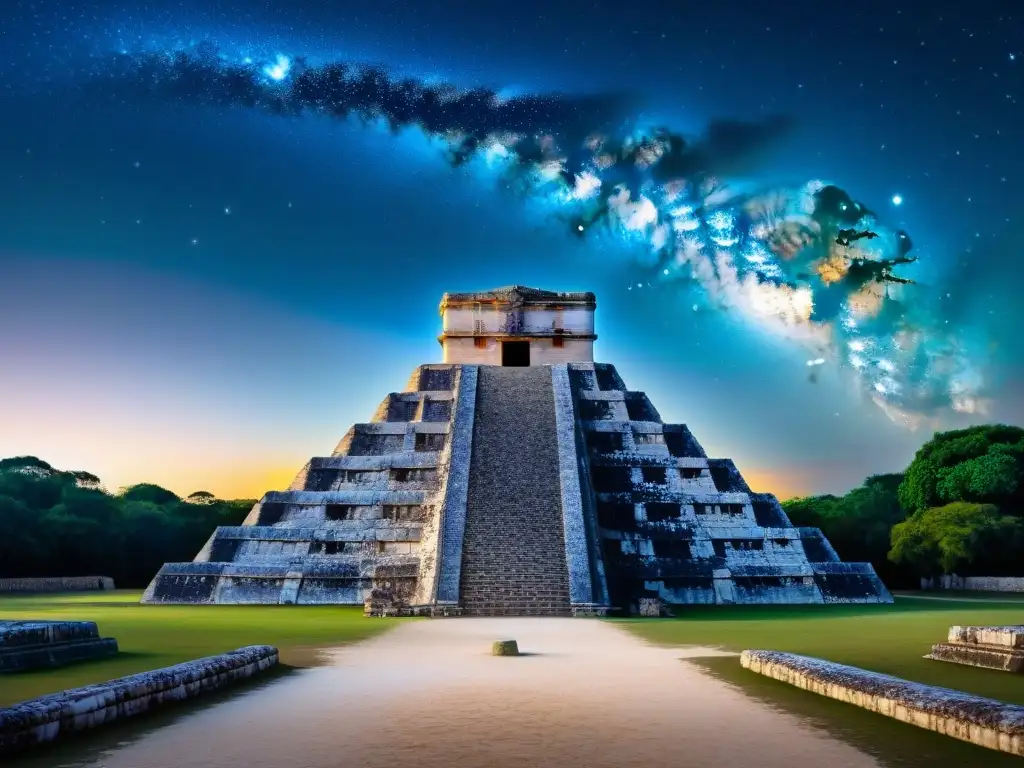 Calendario maya influencia astros: Observatorio de Chichén Itzá con El Castillo bajo un cielo estrellado, astrónomos mayas y símbolos antiguos