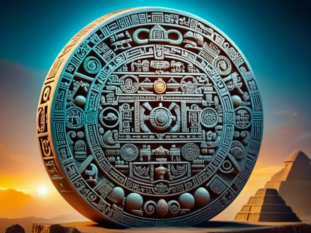 Calendario Maya con influencia extraterrestre, detallado y misterioso, iluminado por una tenue luz documental