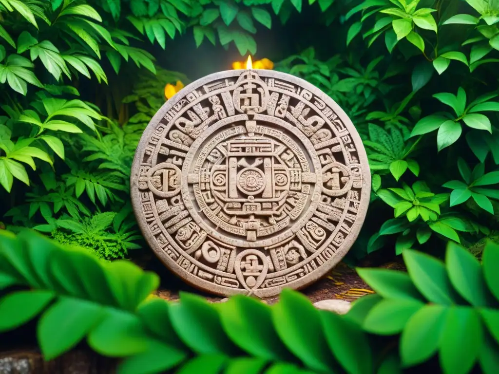 Calendario Tzolk'in maya predicciones tallado en piedra entre la exuberante selva