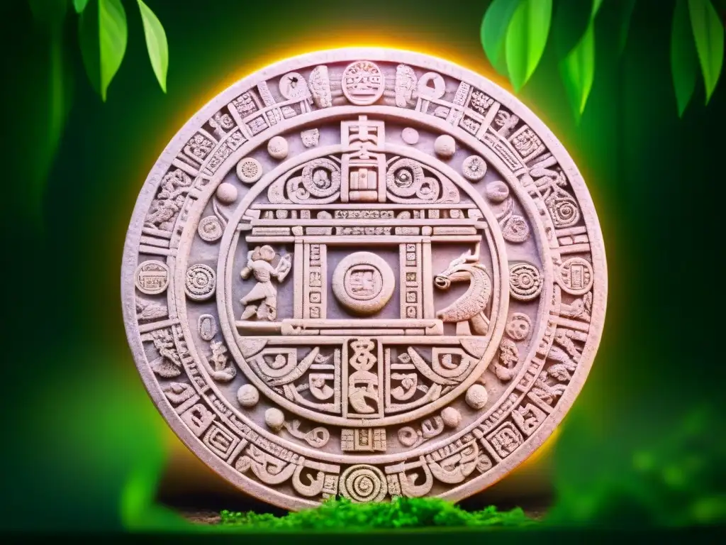 Calendario maya tallado en piedra en medio de la exuberante jungla, revelando profecías mayas interpretaciones reveladas