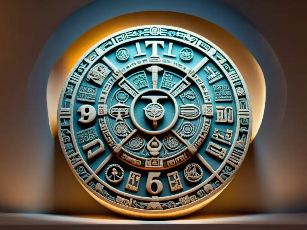 Calendario maya tallado con símbolos y jeroglíficos, iluminado por un rayo de sol