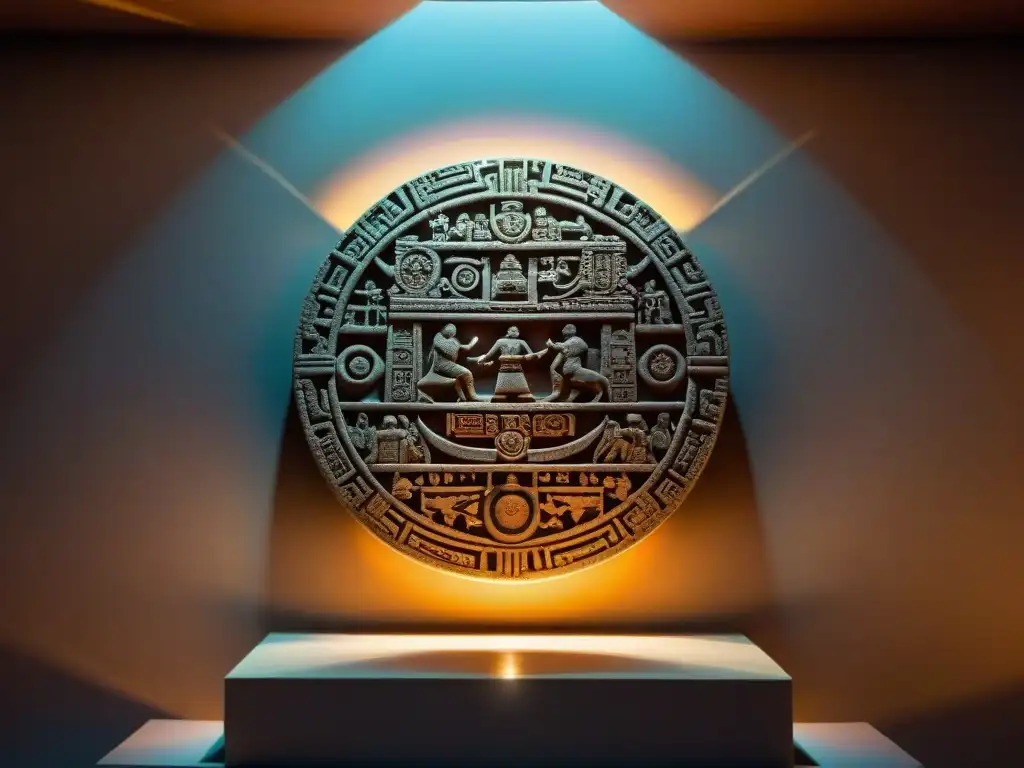 Calendarios mayas misterios revelados: Antiguo calendario maya tallado en piedra, iluminado por un rayo de luz en una habitación tenue