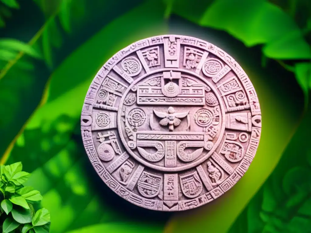 Calendarios mayas misterios revelados: Detalle de antiguo calendario maya tallado en piedra, con selva de fondo y luz filtrándose entre las hojas