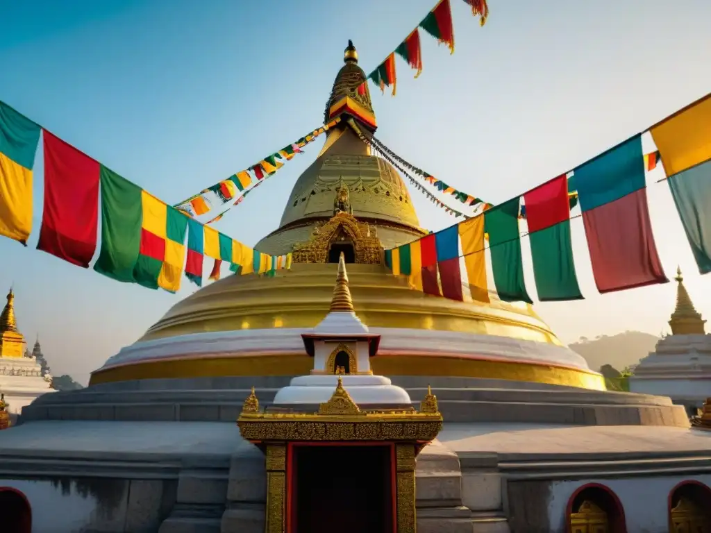 La cálida luz del atardecer ilumina el Stupa Swayambhunath en Katmandú, mostrando su belleza arquitectónica