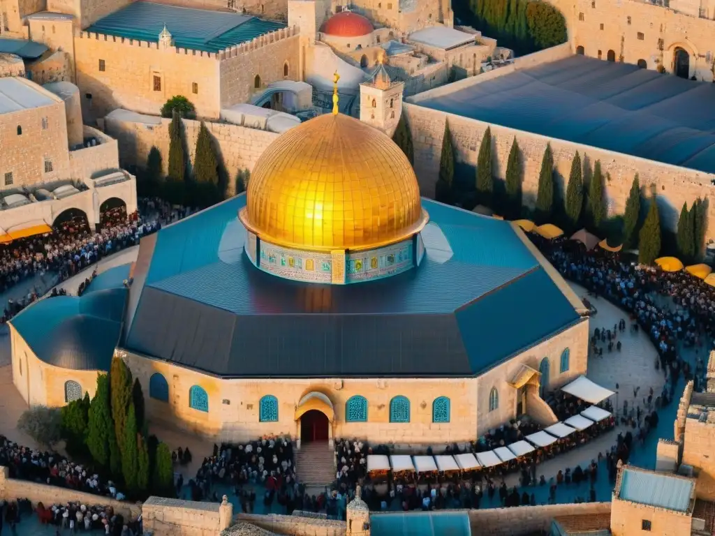 El cálido atardecer ilumina las calles de Jerusalén ciudad sagrada misterios, con la Cúpula de la Roca resplandeciendo al fondo