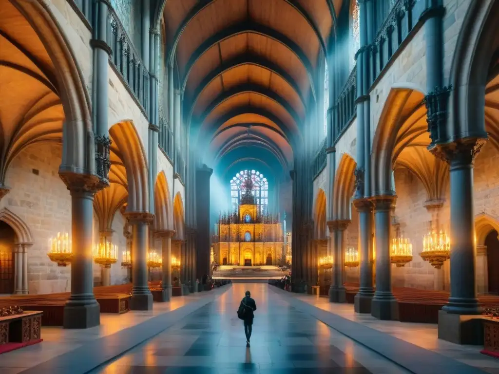 El Camino de Santiago misterioso: la majestuosa Catedral de Santiago de Compostela iluminada por el sol poniente, con peregrinos en primer plano