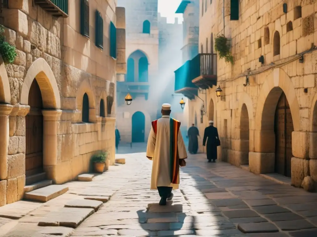 Un camino de piedra antiguo en el corazón de la Jerusalén ciudad sagrada, con paredes de caliza desgastadas y símbolos religiosos coloridos