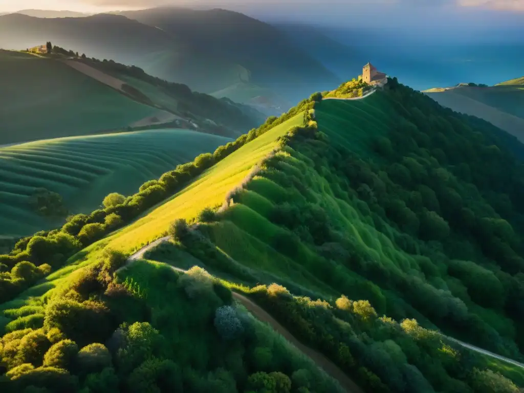 Un camino de Santiago se extiende entre valles verdes, con el sol poniéndose detrás de montañas distantes