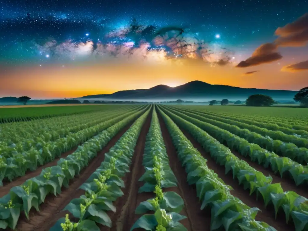 Un campo agrícola antiguo bañado en la luz dorada del atardecer, con la Vía Láctea brillando arriba