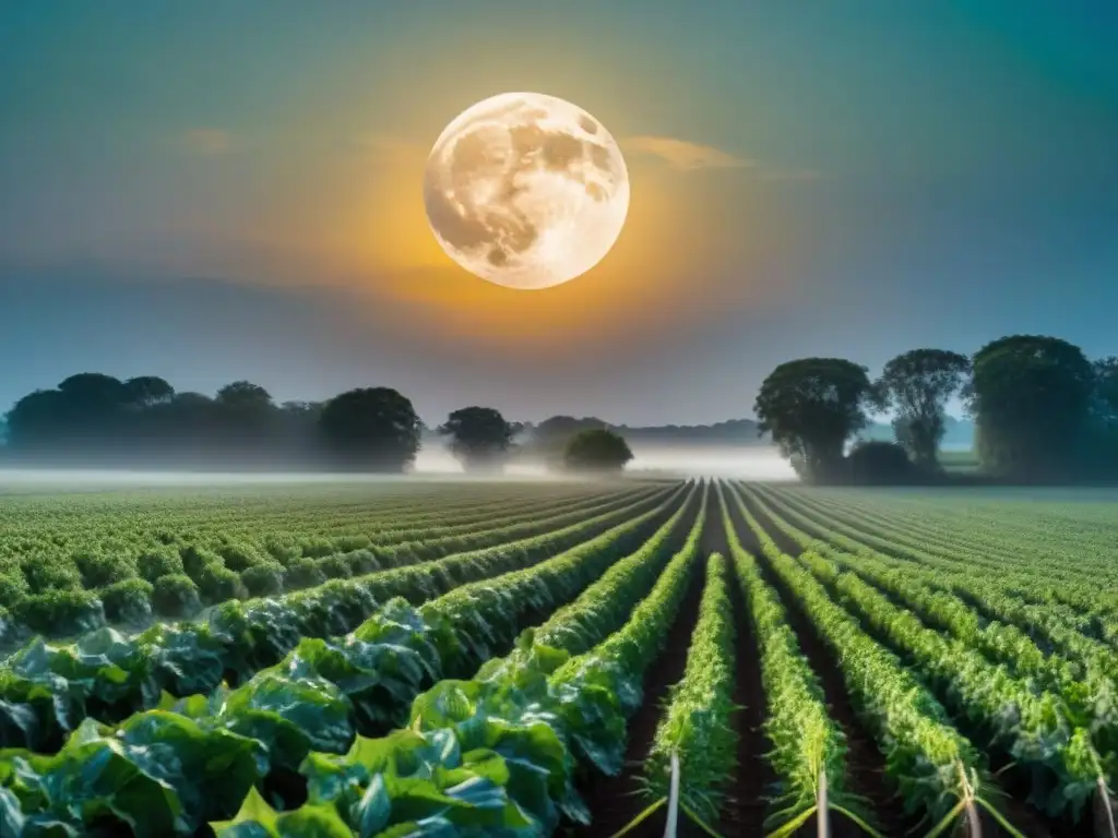 Campo agrícola bañado por la influencia mística de Neptuno, con riego y la luz de la luna