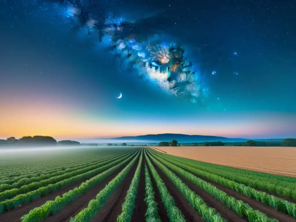 Campo agrícola bajo cielo estrellado con Urano, reflejando misterio y conexión celestial