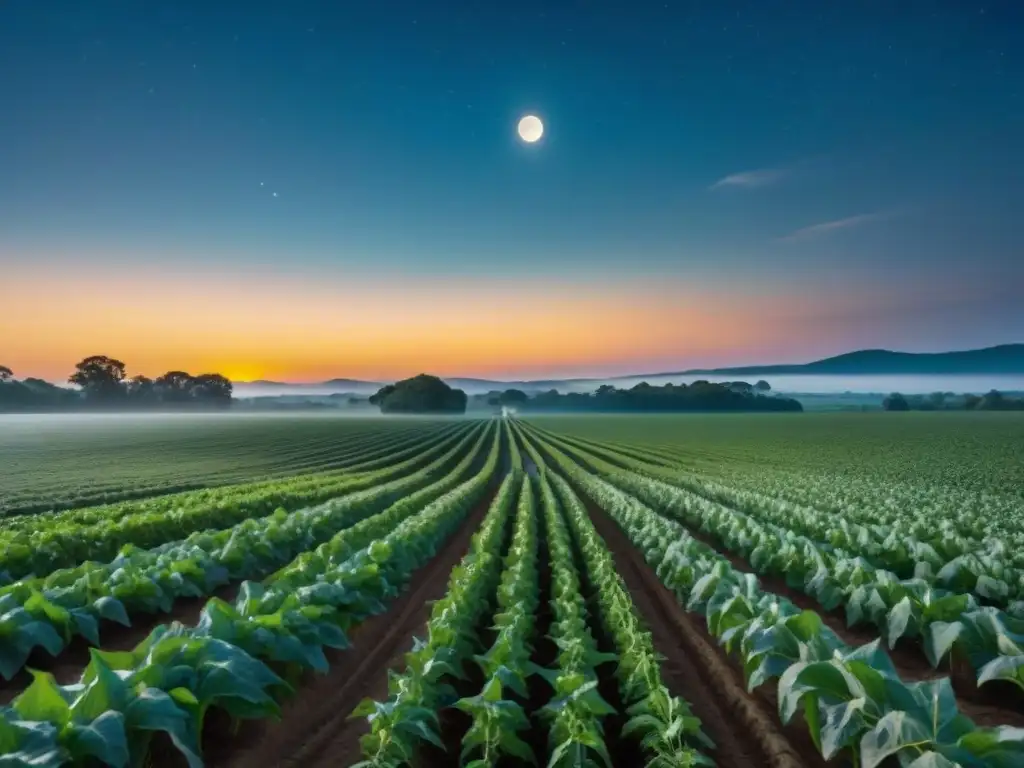 Campo de cultivo iluminado por la luna llena Campo de cultivos bañado por la luz plateada de la luna llena, destacando la planificación agrícola movimientos planetarios