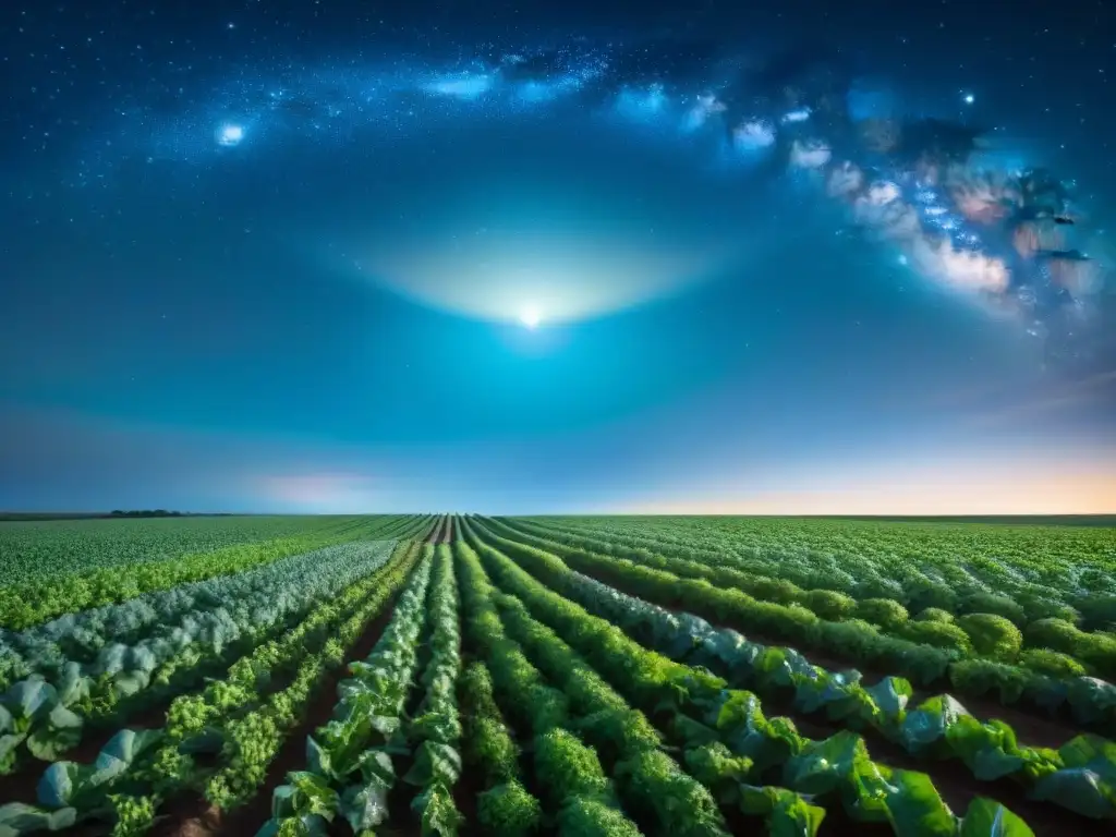 Un campo de cultivos verde exuberante bajo el cielo estrellado con Urano visible