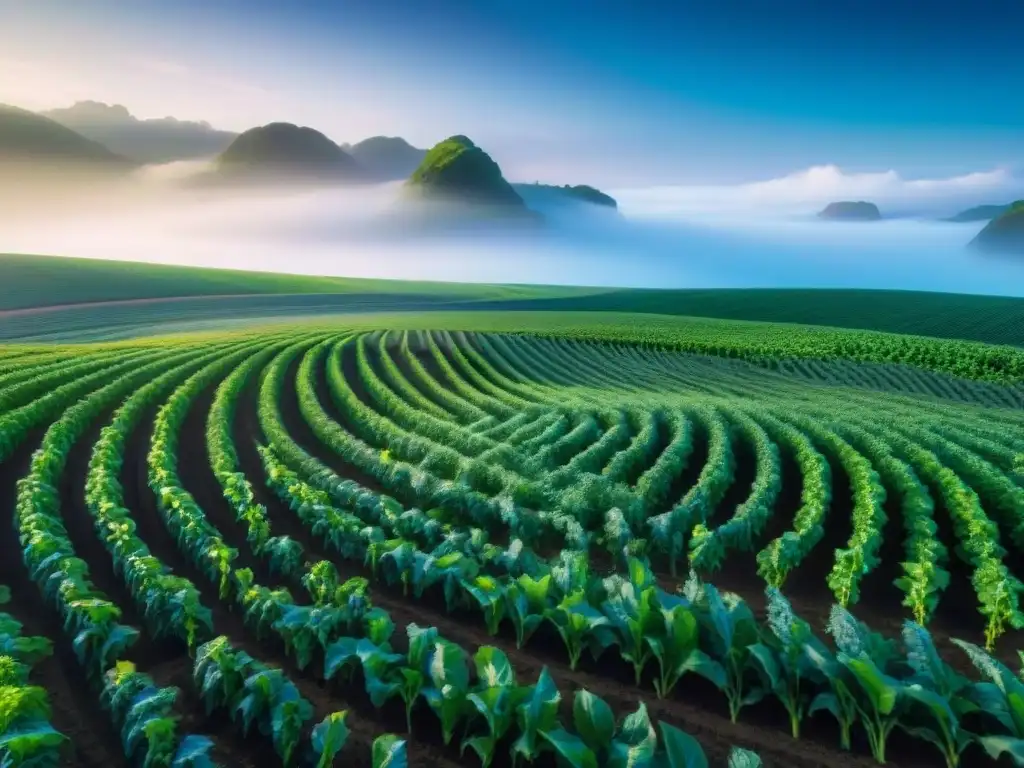 Un campo de cultivos verde vibrante bajo el planeta Neptuno, reflejando una influencia mística en el riego