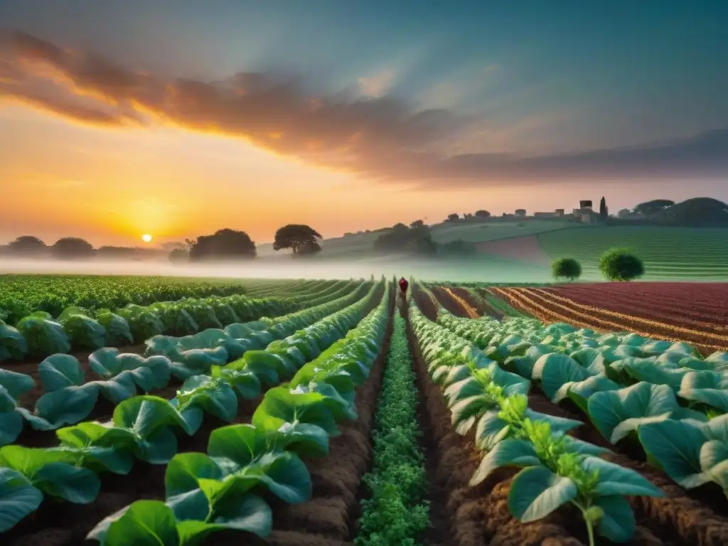 Un campo agrícola exuberante al atardecer, con un agricultor cuidando las plantas