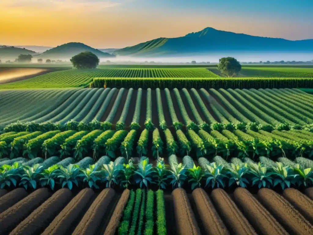 Un campo agrícola exuberante al atardecer con cultivos vibrantes bajo la influencia mística de Neptuno