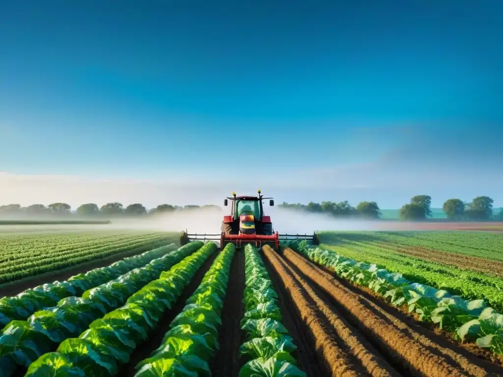 Un campo agrícola exuberante bajo cielo azul, donde un agricultor cuida con esmero sus cultivos